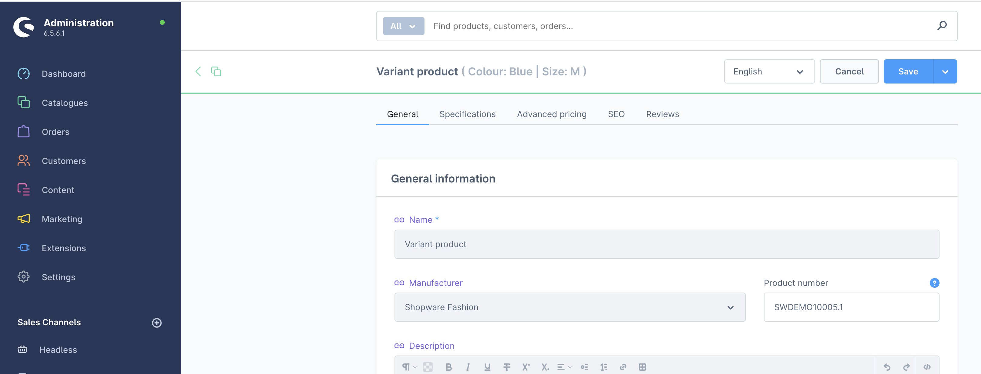 Product varaints example